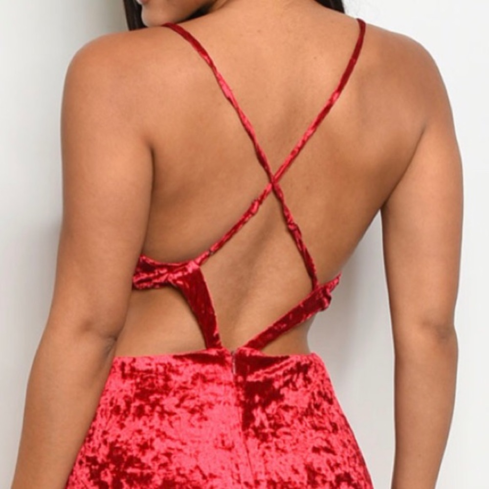 ❌DONATED❌Burgundy Red Velvet V-neck Criss Cross Back Straps Lined Maxi Dress - Picture 4 of 14